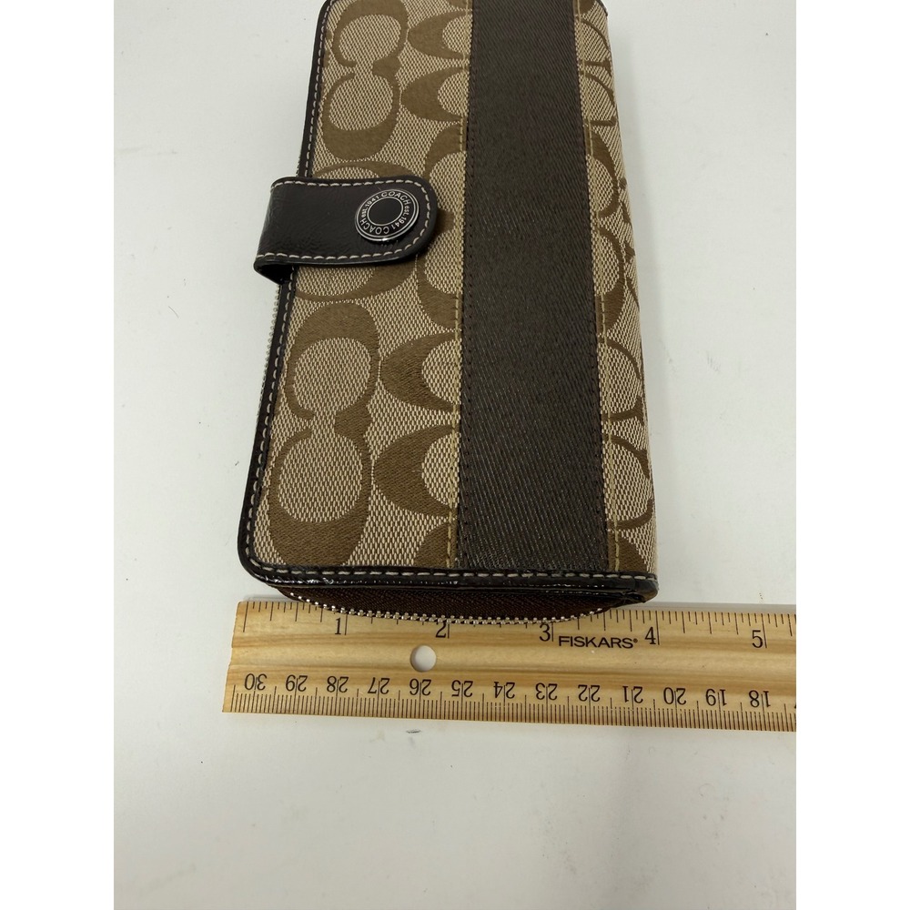 Coach Signature C Brown Tan Monogram Striped Accordion Zip Long Wallet - Picture 16 of 16